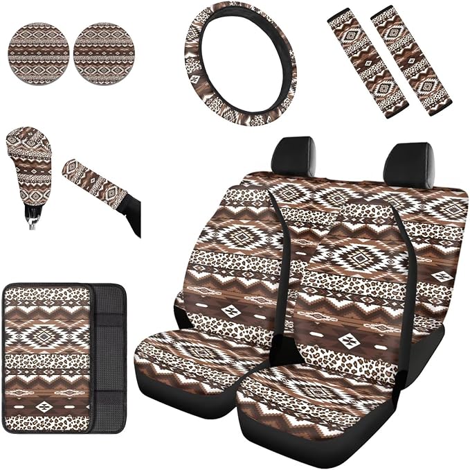 Dreaweet Aztec Leopard Print Car Seat Covers Full Set 12 Pcs - Brown Front and Back Seat Covers with Steering Wheel Cover with Center Console Cover,Coasters,Seatbelt Covers,Gear Shift Handbrake Cover