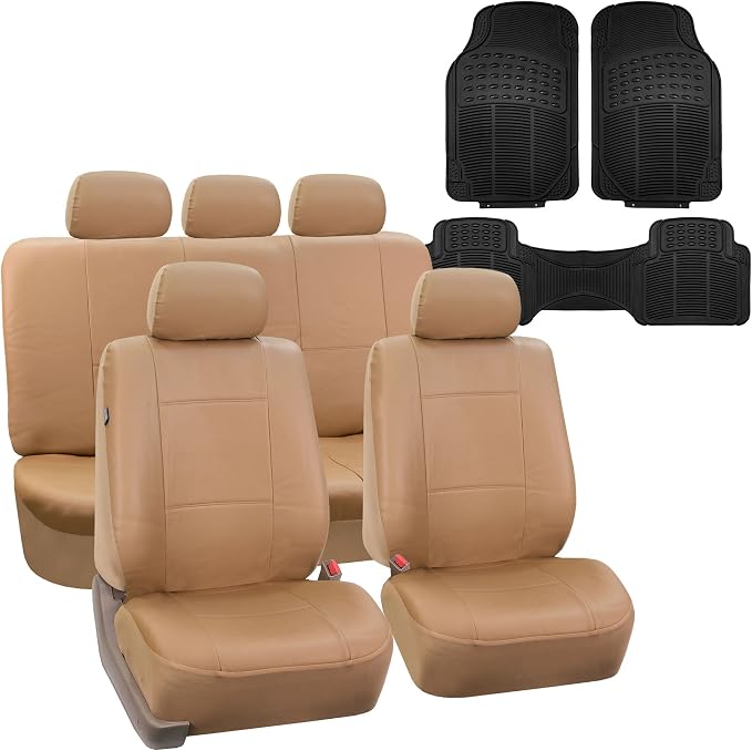 FH Group Car Seat Cover Airbag Compatible Full Set Beige Premium PU Leather - Split Bench Combo Vinyl Floor Mats Seat Covers Interior Accessories Universal Fit for Cars Trucks SUV