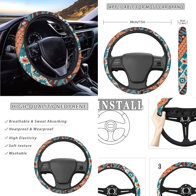 Aztec Cactus Car Seat Cover Full Set with Tribal Car Seat Cover with Steering Wheel Cover, Shoulder Pads, Aztec Seat Covers Auto Accessories Universal Fit for Most Cars