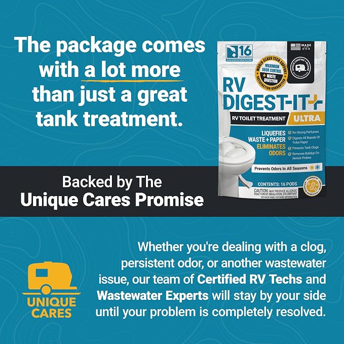 Unique RV Digest-It Ultra Drop-In Pods RV Black Tank Treatment | Strong formula controls odors & digests waste & toilet paper; 16 premeasured treatments per pouch, 3-Pack