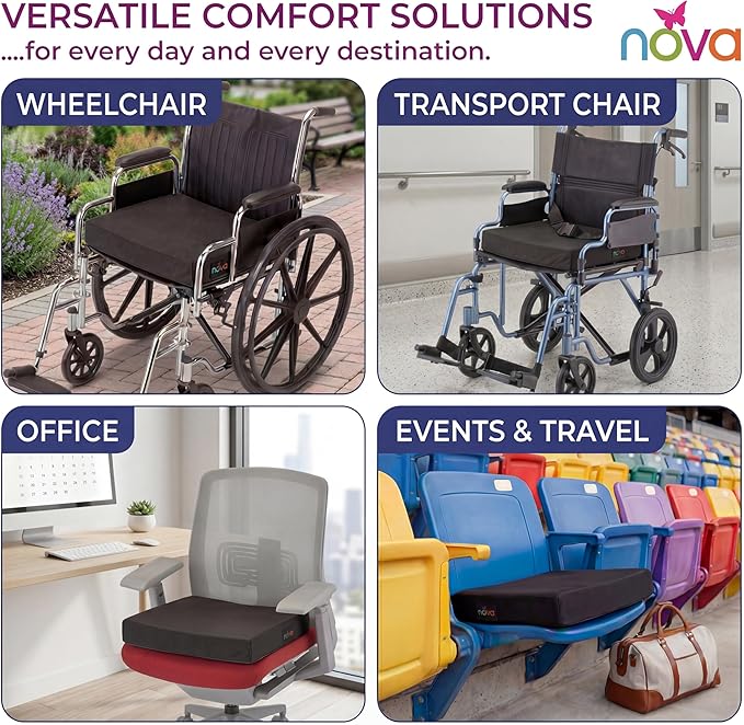 NOVA Medical Products Gel & Memory Foam Seat & Wheelchair Cushion in 8 Sizes (from 16” x 16” to 18” x 24” Extra Wide), Comfortable & Durable Everyday Seat Cushion with Removable Water Resistant Cover, 2” or 3” Thick, Black