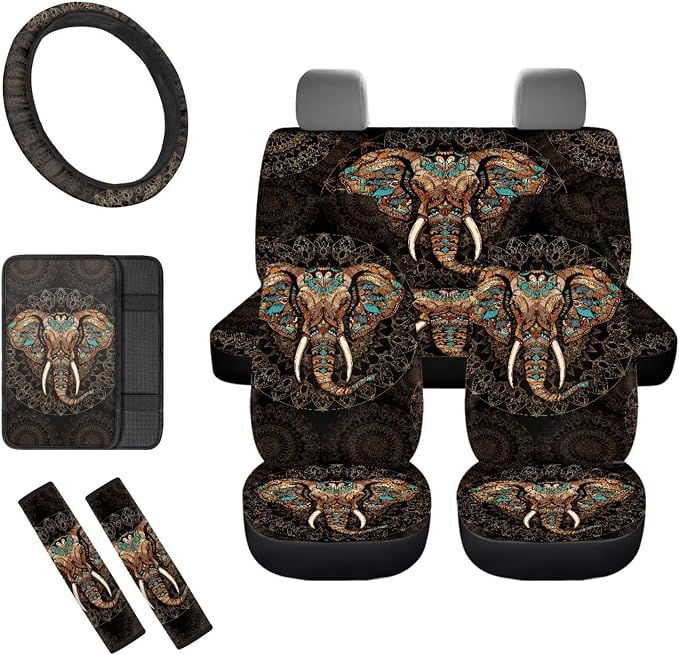 8 Pcs Aztec Elephant Car Seat Covers Full Set Car Accessories for Women Front Seat Cover Steering Wheel Armrest Cover Seat Belt Cover for Auto SUV Interior Decoration