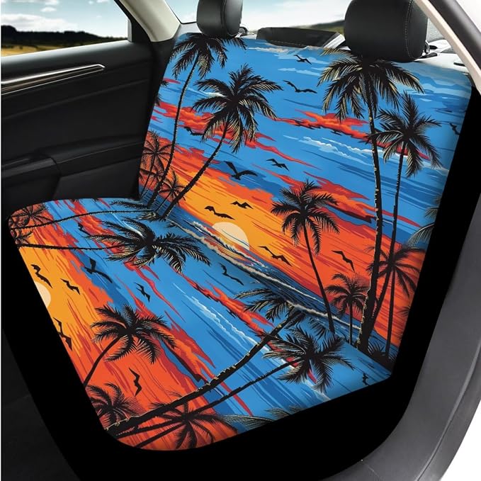 Bulopur Tropical Palm Tree Sunset Car Seat Covers Full Set with Matching Steering Wheel Cover Console Armrest Cover Car Accessories Seat Belt Covers Headrest Covers Car Interior Decor
