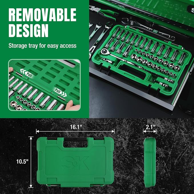 SK 3/8" Drive Socket Set with 216-P Quick-Release Ratchet, 41-Piece, SAE & Metric, SuperKrome Finish, Premium CR-V Construction, with Storage Suitcase