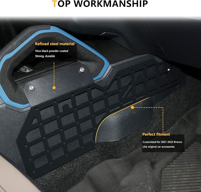 Molle Panel for 2021 2022 2023 2024 2025 Ford Bronco 2/4 Door Interior Accessories Center Console Storage Passenger Side Grid Plate Organizer Gear Shifter Right Side Hanging Steel Rack, Black