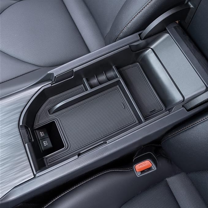 TOPINSTALL Black Center Console Tray and Red Rubber Liners Compatible with 2018-2024 Camry Accessories, Interior Armrest Storage Console Organizer Non-Slip Cup Holder Door Pocket Rubber Mats