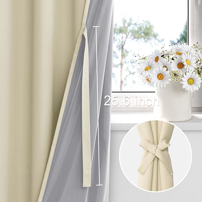XWZO 100% Blackout Curtain Panels - Thermal Insulated Black Liner Curtains, Noise Reducing and Heat Blocking Drapes for Hall and Studio Windows with Tiebacks, Beige, W38 x L84, Set of 2