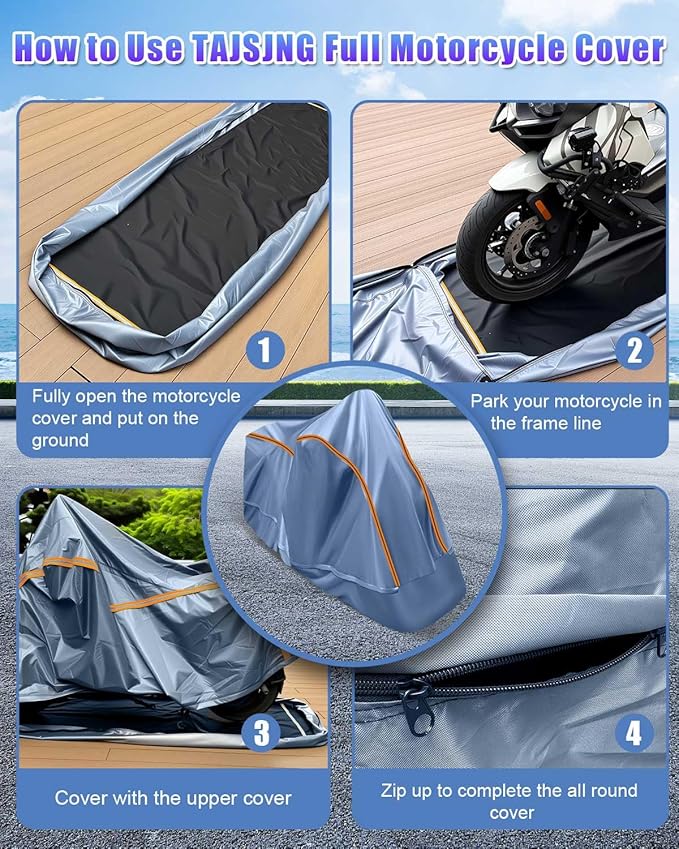 Full Enclosed Large Motorcycle Cover Waterproof Outdoor/Indoor Storage Waterproof Motorcycle Cover Heavy Duty with Reflective Strips Fits Motorcycles Length up to 118" with Side+Top Box