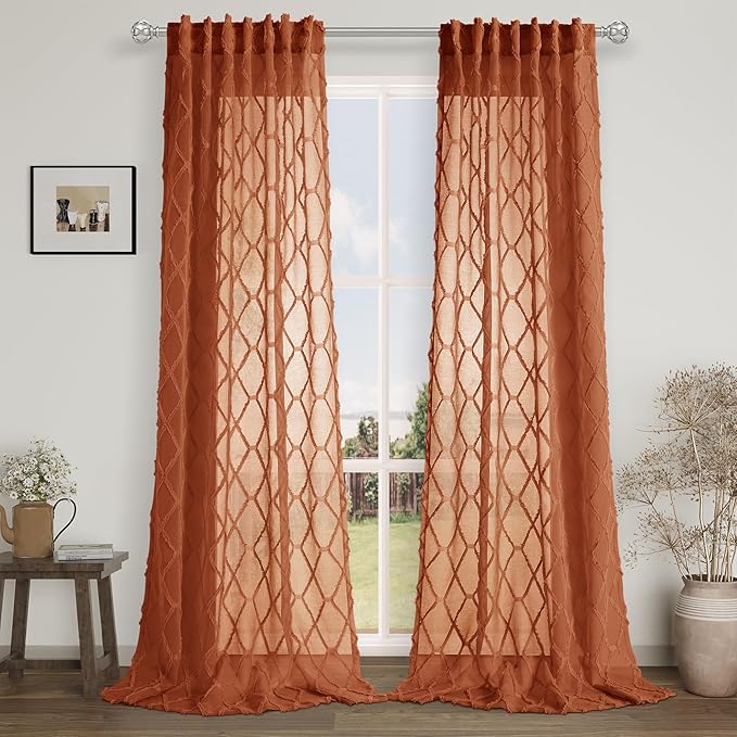 Hokibero Boho Sheer Rust Red Brown Orange Curtains 108 Inches Long for Living Room Embroidered Tuft Pom Burnt Ochre Rustic Western Curtains Drapes for Bedroom 2 Panels Cabin Sliding Glass Door