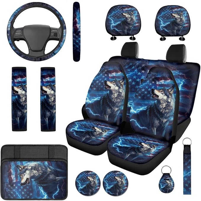 Bulopur Wolf Lightning Car Seat Covers Front and Rear with Armrest Cover Seat Headrest Cover Car Seatbelt Shoulder Strap Covers Keychain Patriotic Auto Interior Accessories Set for Van Sedan SUV