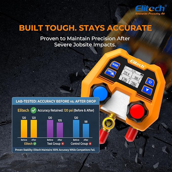 Elitech Digital Manifold Gauge for HVAC, Refrigeration & AC Systems - Supports R410A/R454B/R32/R134a etc. Refrigerants, Pressure & Temperature Measurement, 3 Port, LCD Display, DMG-2SE