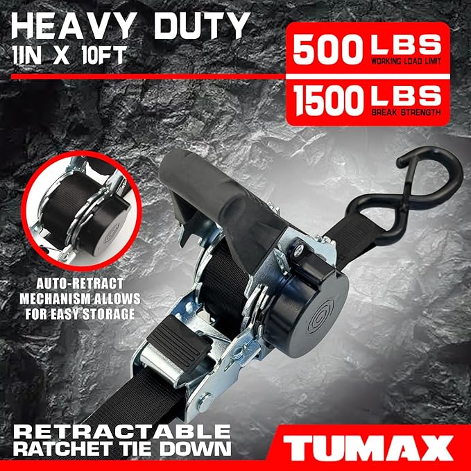 2-Pack Retractable Ratchet Tie Down Straps, 1" x 10ft with Soft Loops & S-Hooks, 1500lbs Break Strength Self-Retracting Cargo Straps for Truck, Trailer, Motorcycle, ATV, Kayak (Black)