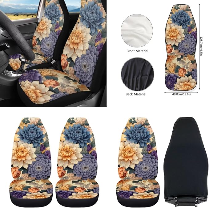 Howilath Boho Mandala Floral Car Front Seat Cover with Steering Wheel Cover/Seatbelt Pads/Armrest Cushion/Keychain/Car Coasters Auto Accessories - 10 Piece