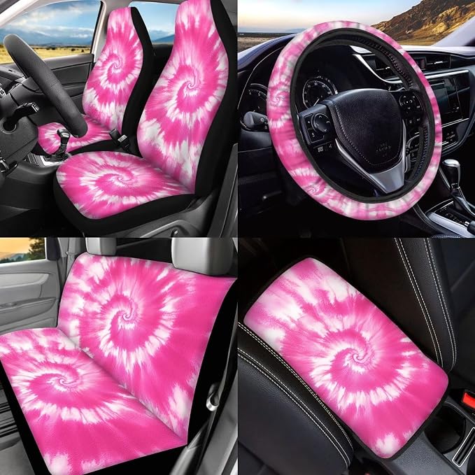 BIGCARJOB Pink Tie Dye Car Seat Cover Full Set 15 Pieces Tie Dye Car Interior Accessories Set with Universal Steering Wheel Cover Car Trash Can Hanging Seat Headrest Covers