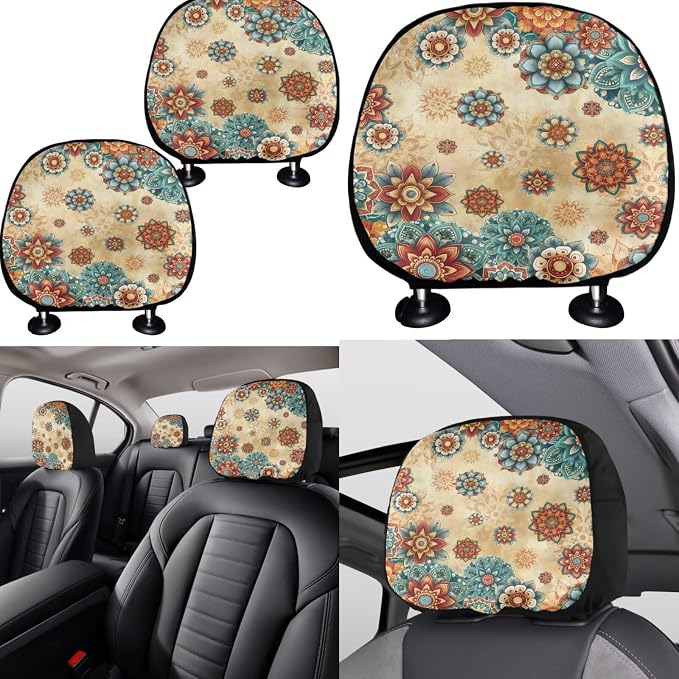 KEIAHUAN Boho Mandala Flower Car Seat Cover Set for Women 11 Pieces Includes Car Front Rear Seat Cover Steering Wheel Cover Handbrake Cover Headrest Covers Cup Coaster Auto Interior Accessories