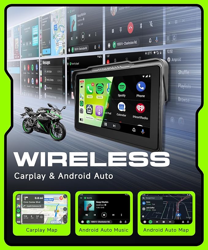 Motorcycle CarPlay Screen 7 Inch Wireless Carplay Android Auto for Motorbike with Removable Bracket, IP68 Waterproof Touchscreen, Supports GPS Navigation Bluetooth