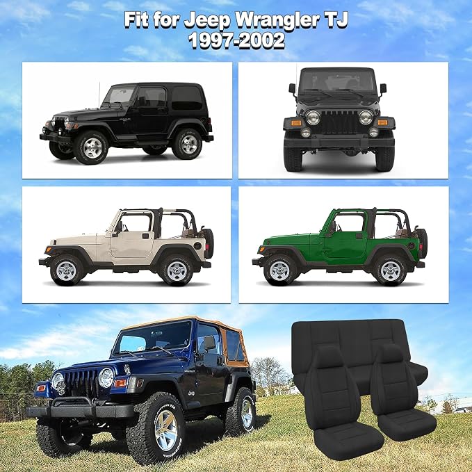 Custom Seat Covers for Jeep Wrangler TJ 1997 1998 1999 2000 2001 2002 Heavy Duty Cloth Protector Interior Accessories，Waterproof & Machine Washable, Foam Padded - Black（Front & Rear）