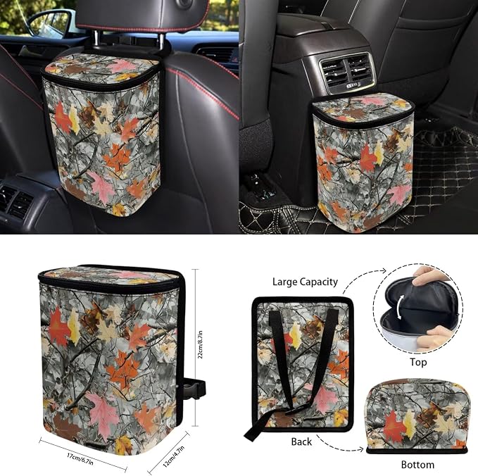 Camo Maple Leaf 15Pcs Car Seat Cover Full Set Car Steering Wheel Cover Seat Belt Cover Trash Bin Front Rear View Mirror Car Cup Holder Keychain