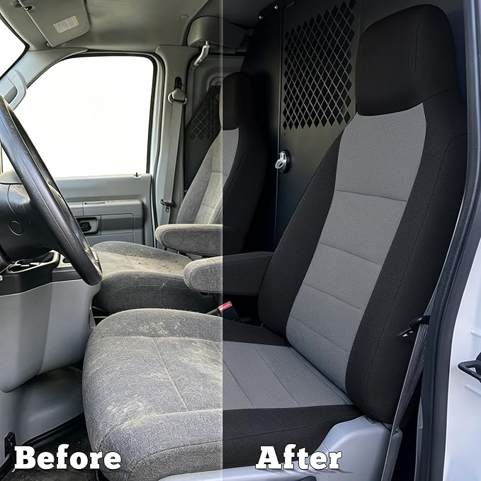 Heavy Duty Composite Fabric Protection Front Seat Covers for Ford E-150/E-250/E-350 Van 2009-2014 E-Series Cutaway/Stripped Chassis 2015-2026 High Back Bucket Seats Molded Headrest - Gray