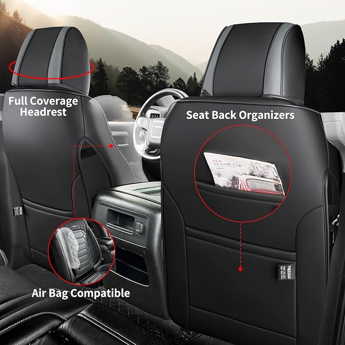 FREESOO for Silverado 2014-2018 Faux Leather Full Set Seat Covers, Fit for Chevy Silverado GMC Sierra 1500 2500 3500 Crew Cab Waterproof Truck Seat Covers BlackGrey