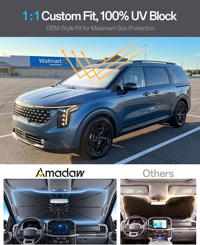 Windshield Sun Shade for Kia Carnival 2022–2026, Foldable Umbrella Sunshade with 100% UV Block, Multi-Layer Heat Insulation, Reinforced 10-Rib Frame, Keeps Car Cooler, Summer Car Accessory