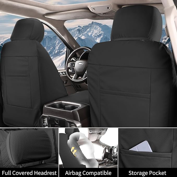 Tecoom Tacoma Car Seat Cover Leather Front Seats Covers Waterproof Automotive Protector Cushion Interior Covers Custom Fit for 2016-2023 Toyota Tacoma Double/Crew Cab, Black