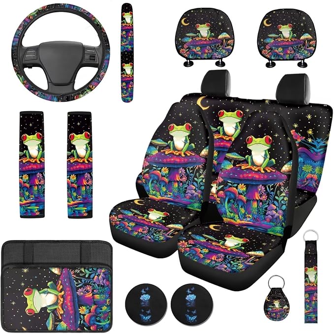 Bulopur Mushroom Frog Vehicle Seat Covers Front and Rear with 15 Inch Steering Wheel Cover Breathable Center Console Cushion Car Seat Headrest Covers Seat Belt Pads Vehicle Interior Decor Set