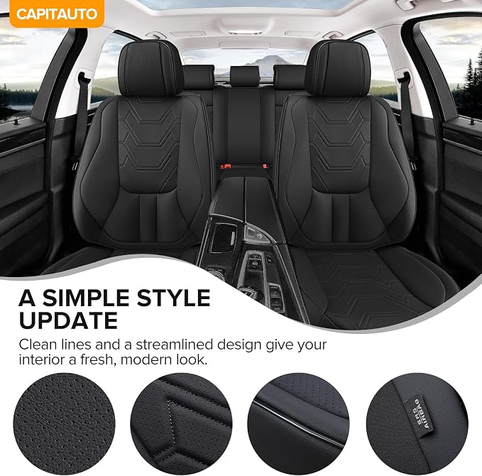 CAPITAUTO Car Seat Covers Full Set, Black Seat Covers for Car with Lumbar Support, Faux Leather Waterproof Seat Covers 5 Seats, Breathable Automotive Seat Covers Fit for Most Cars SUV Truck