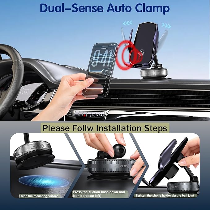 15W Wireless Fast Car Charger, Auto-Clamping Car Phone Holder with Rotating Vacuum Suction, Smart Sensor, 360° Adjustable Dashboard & Windshield Mount for iPhone & Samsung (Dark Purple)