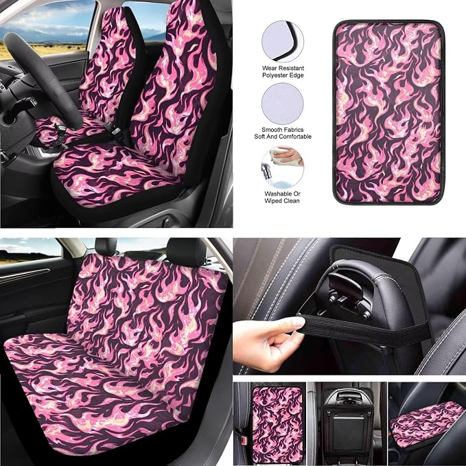 Pink Flame Graphic 13 Set Car Seat Cover, Color Fire Print Cup Holder Coasters Headrest Cover, 3D Flame Graphics Steering Wheel Cover Seat Belt Cover Keychain