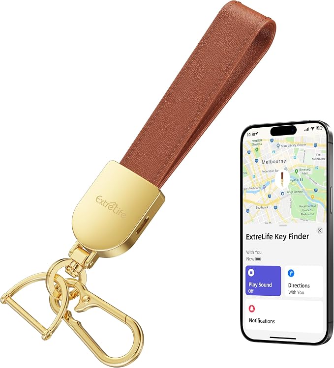 Keychain, Works with Apple Find My, Leather Car Keychain for Women and Men, Car Key Fob Holder, Key Chain with GPS Tracker, Anti-Lost Smart Keys Finder, Rechargeable, Brown