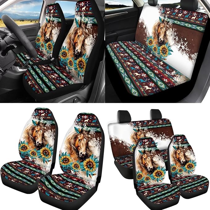 Southwestern Horse Car Seat Covers + Steering Wheel Cover, Keychain Armrest Pads, Universal Fit Automotive Interior Sets