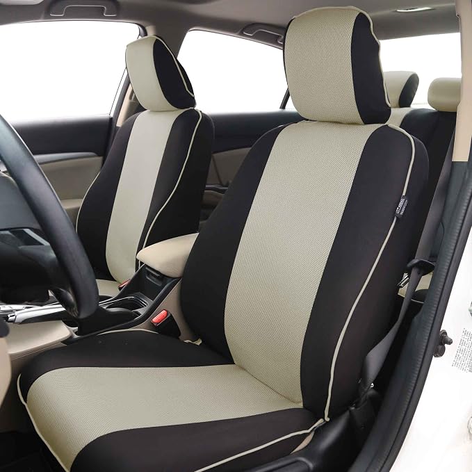 FH Group Automotive Seat Covers Edgy Piping Seat Covers FullBeige Set Interior Accessories,Universal Fit Combo Vinyl Floor Mats Seat Covers Car for Cars and Vans Airbag and Split Rear Automotive