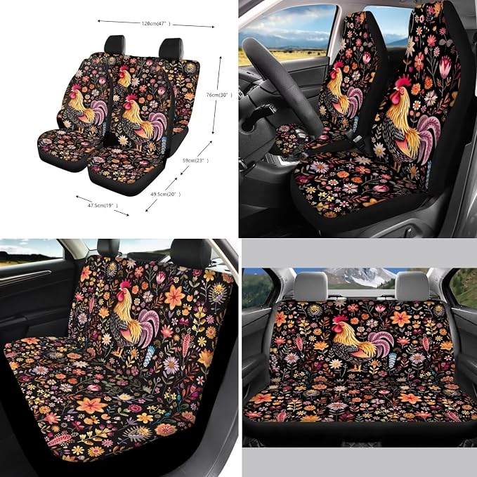 Suobstales Rooster Chicken Flower Print Car Seat Covers Set Interior Accessories Bucket Seat Cover Rear Split Bench Protection with Steering Wheel Covers,Seat Belt Cover Coaster,Keychains