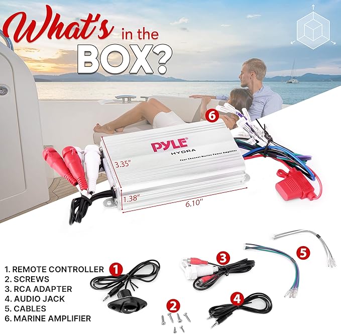 Pyle 400W 4-Channel Hydra Marine Micro Amplifier - Waterproof - RCA Input - 3.5mm Jack - MP3 - Soft Turn On/Off - Volume Gain Level Remote Control - Power Protection - PLMRMP3A