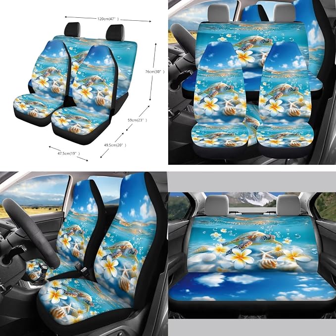 Sea Turtle Plumeria Print 10 Pcs Car Accessories Set Breathable Car Seat Covers Steering Wheel Cover Trash Can Auto Air Vent Storage Bag Cup Coasters Keychain Fits for Most Vehicle