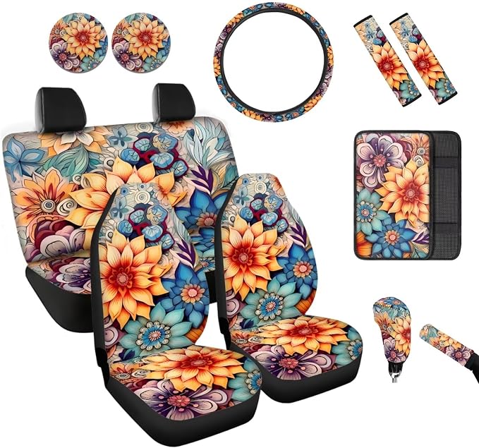 BIGCARJOB 12 Pcs Boho Lotus Car Seat Set Universal Interior Accessories Full Set for Women Car Front Rear Seat Protector,Seat Belt Cover,Armrest Pads,Cup Holder Coaster