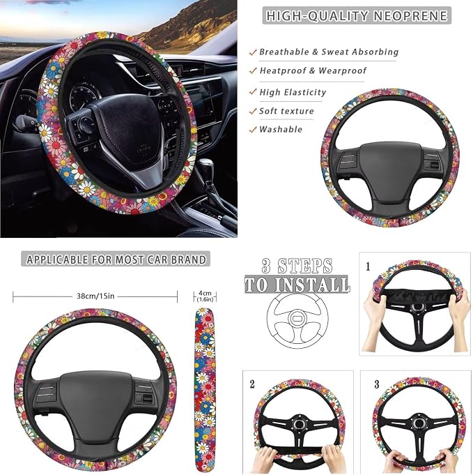 Suobstales Cat Butterfly Daisy Flower Print Car Accessories with Car Front Rear Split Seat Covers, Seat Belt Pads + Steering Wheel Cover + Coaster + Keyrings for Women Set of 11-Pcs
