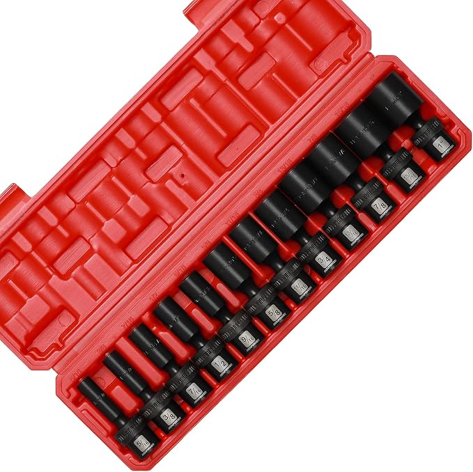 MIXPOWER 3/8" Drive Deep Impact Universal Joint Swivel Socket Set, SAE, 5/16" - 1", Deep, Flexible Wobble, Chrome Molybdenum Steel, 12 Pieces Set