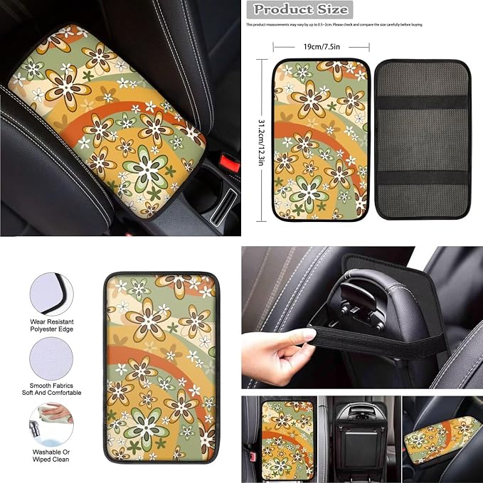 Hippie Floral Design Car Seat Cover Full Set for Women, Car Steering Wheel Cover Auto Center Console Pad Seat Belt Pads, Universal Automotive Interior Accessories Set of 8