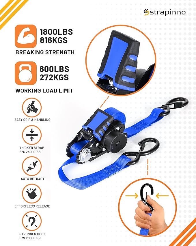 Strapinno Retractable Ratchet Straps - 1 in x 12 ft Heavy Duty Tie Downs, 1800lbs Breaking Strength Each, S Hooks with Safety Clip, AutoRetract, for Moving, Motorcycle, Boat, Kayak, and Cargo (2PCS)