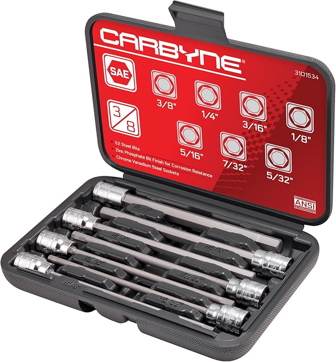 CARBYNE 7-Piece SAE Extra Long Hex (Allen) Bit Socket Set, 1/8 in. to 3/8 in., 3/8 in. Drive, S2 Steel Bits, CrV Sockets, 6.1 in. Overall Length for Deep-Reach Access, Durable Storage Case