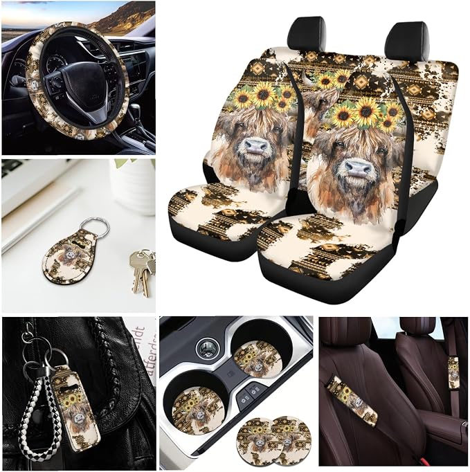INSTANTARTS Ethnic Highland Cow Sunflower 13 Piece Car Seat Cover Set Car Front Rear Seat Covers + Lipstick Sleeve + Keychain + Seat Belt Pads + Steering Wheel Cover Car Accessories