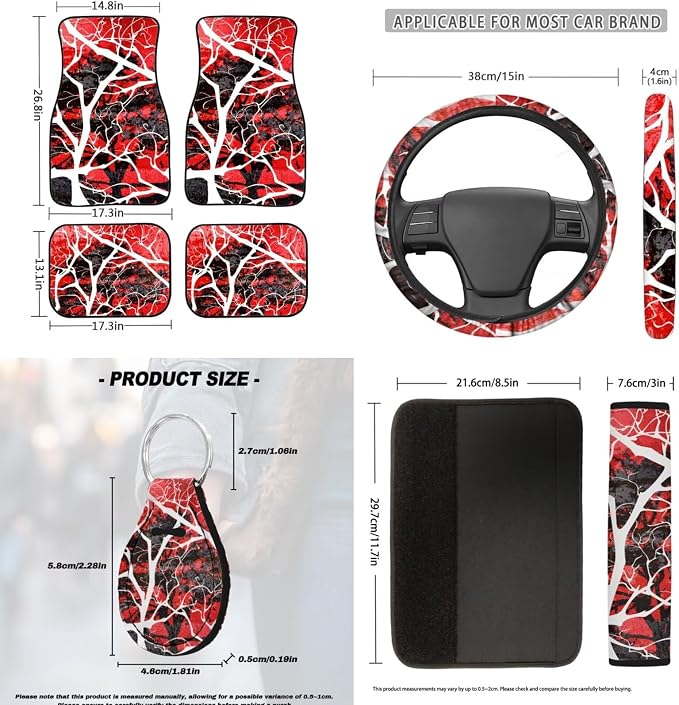 18 Pcs Red Branch Car Interior Accessories Set, Car Seat Covers Full Set with Auto Floor Mats Steering Wheel Cover Armrest Pad Seat Belt Pads Handle Wraps Keychain Cup Coaster