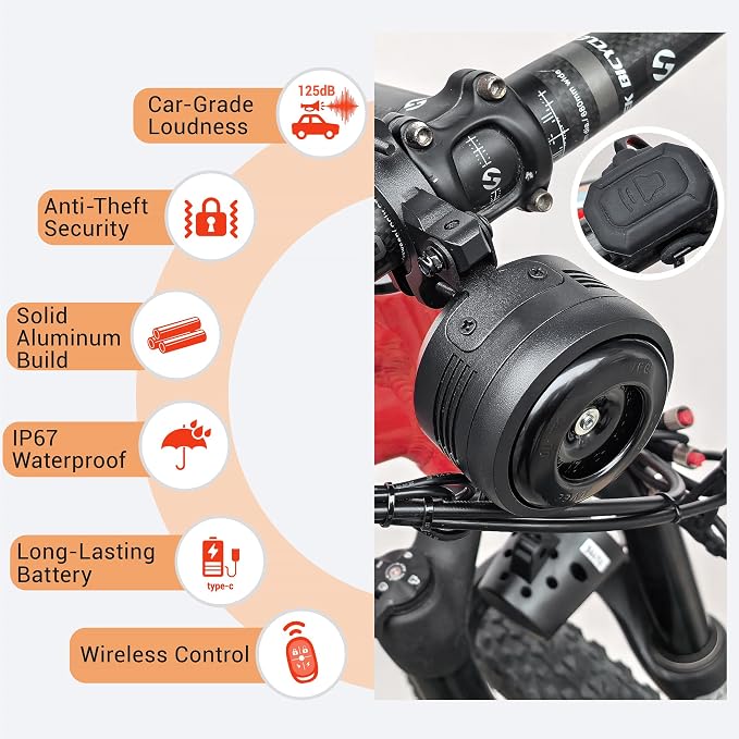 Electric Bike Horn and Alarm System, 125dB, USB-Rechargeable, Waterproof, Remote Control