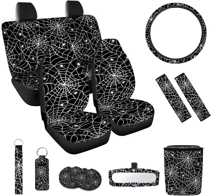 Spider Web 12 Pieces Car Seat Covers Set Easy to Install Car Steering Wheel Cover Car Seat Belt Cover Car Trash Can Removable Automotive Accessories Protector Comfortable
