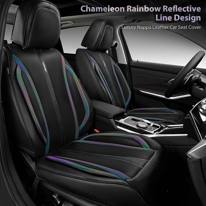 CAR PASS Nappa Leather Seat Covers Front Seats Only, Waterproof Faux Leather car Seat Cover 2 Piece Cushions Protector Universal Fit for SUV Truck Automotive Vehicle, Chameleon Iridescent Reflective