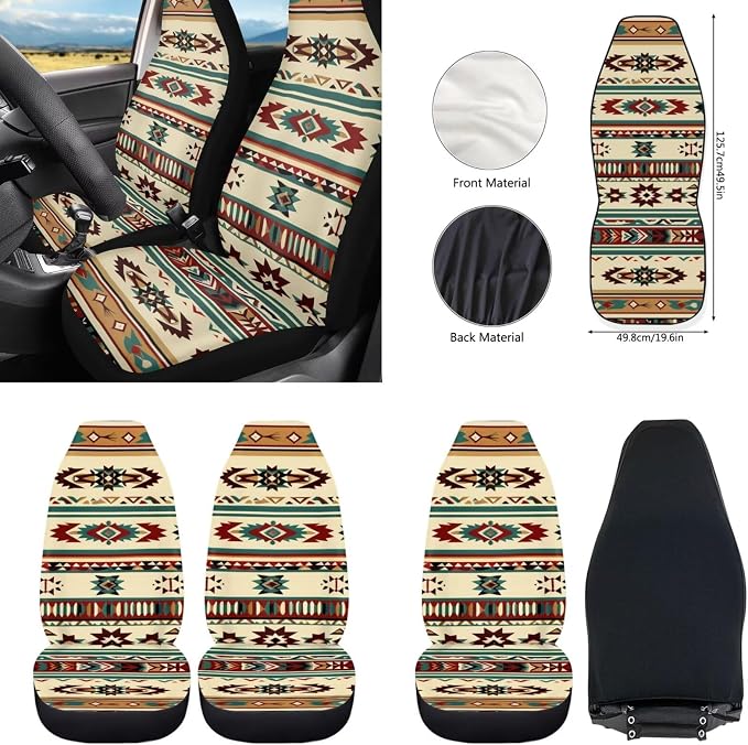 Howilath 10 Piece Universal Fit Ethnic Western Aztec Tribal Car Front Seat Cover with Steering Wheel Cover/Seatbelt Pads/Keychain/Armrest Cushion/Coasters, Easy to Install