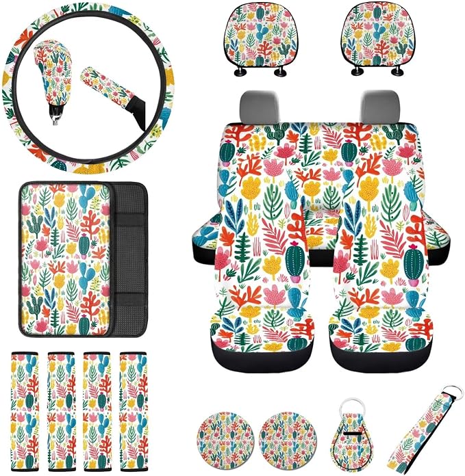 Cactus Car Seat Covers Full Set with Armrest & Steering Wheel Covers, Seat Belt & Handbrake Protectors, Cup Holder Coaster, Head Rest Covers, Keychain - 18 Pack