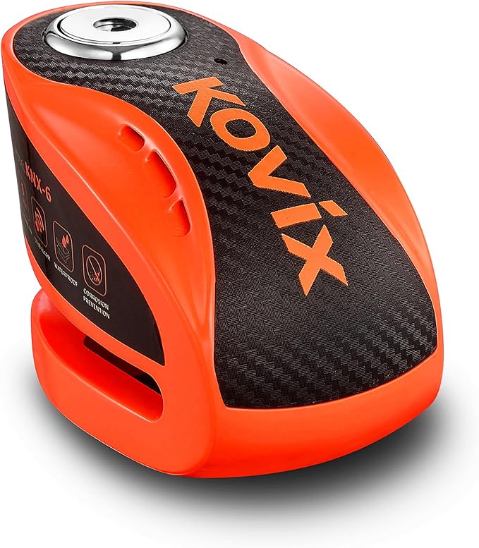 Kovix KNX6 Steel 120dB Siren Disc Brake Lock 6mm Lock Pin IP67 Waterproof Motorcycle Security Fluorescent Orange